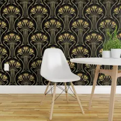 Pre-Pasted Wallpaper 2FT Wide Floral Damask Black Yellow Abstract Flowers Vintage Glam Custom Pre-pasted Wallpaper by Spoonflower