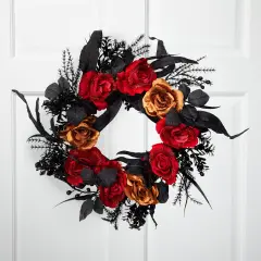 Northlight Roses with Mixed Foliage Halloween Wreath - 22" - Red and Gold - Unlit Black