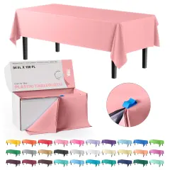 Exquisite Party Solids 54" x 100' Plastic Table Cover Roll with Slide Cutter &ndash; Cut-to-Size Dispenser Box &ndash; Makes Up to 36 Disposable 8' Rectangle Tablecloths Pink