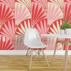 Non-Pasted Wallpaper 2FT Wide Bold Floral Pink Red Geometric Flowers Symmetrical Fan Retro Traditional Wallpaper by Spoonflower