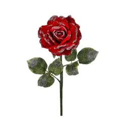 25" Red Velvet Rose Stem with Snow Frost &ndash; Artificial Christmas Rose Pick for Holiday Floral Arrangements-MTX74464