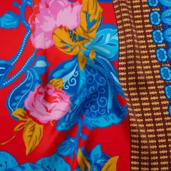 1 Yard Italian Silk Charmeuse Print Fabric Red Blue Gold Floral Abstract Stripes, 53 Inches Width