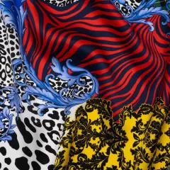 1 Yard Silk Charmeuse Patchwork Print Italian Made Red, Yellow, Blue & Greek Key, 53 Inches Width