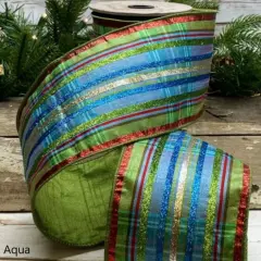 4" Faux Dupion Plaid Glitter Ribbon: Aqua (5 Yards)