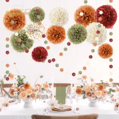 15 Pieces Fall Wedding Decorations - Pumpkin Orange Sage Green Ivory Tissue Pom Poms Decor, Dots Paper Garland for Thanksgiving, Baby Shower, Autumn Harvest Party Supplies