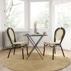 Merrick Lane Toulon Set of Two Stacking Thonet Bistro Style Chair, PE Cane Rattan Seat, and Metal Frame for Indoor/Outdoor Use Natural/Black Frame