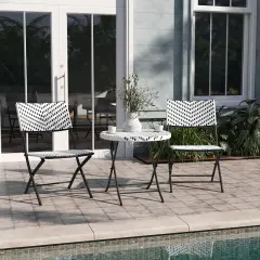 Emma and Oliver Ciel Three Piece Folding Bistro Set in PE Rattan with Metal Frames for Indoor and Outdoor Use Black & White