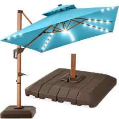 Best Choice Products 10ft Square Woodgrain Pattern 2-Tier Outdoor Solar LED Cantilever Umbrella w/ Base Sky Blue