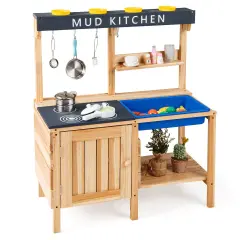 Costway Kids Kitchen Playset Wooden Outdoor Mud Kitchen Pretend Play Toy W/ Kitchenware