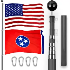 G128 Combo Pack: 20 Ft Telescoping Aluminum Flagpole (Black) & American and Tennessee Flags 3x5 Ft, Both ToughWeave Series Embroidered Polyester | Pole with Flags Included