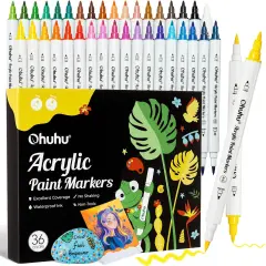 Ohuhu Acrylic Paint Markers Cotton-core: 36 Colors Dual Tips Paint Pens High Opacity Acrylic Markers Waterproof Lightfast for Rock Painting Easter Eggs Wood Glass Ceramic Canvas- Brush & Dot/ Fine & Dot/ Brush & Fine