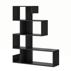 Black 5-Tier S-Shaped Bookshelf Geometric Z-Shelf Bookcase with Open Cubes
