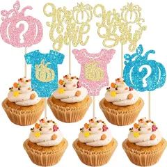 24Pcs Little Pumpkin Cupcake Toppers Glitter Pumpkin Gender Reveal
