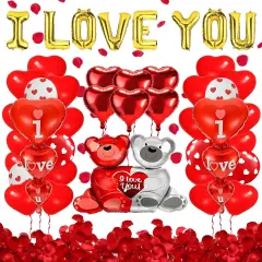 Valentines Day Decorations - Balloons, Silk Rose Petals, Ribbon And Straw