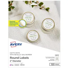 Avery Printable Round Labels, 2" Diameter, Matte White with Metallic Gold Borders, Permanent Adhesive, 120 Blank Labels (22875)