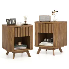 Costway 1/2 PCS Wood Nightstand with Drawer & Open Shelf Storage Home Bedside Table for Bedroom