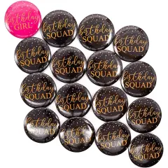 16 Pack Round Birthday Squad Buttons in 2 Designs, Black and Pink (2.3 Inch) Multicolor