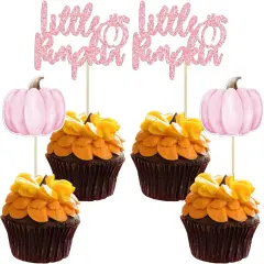 24Pcs Little Pumpkin Cupcake Toppers Glitter Baby Shower Pumpkin Cupcake Picks Gender Reveal Cake