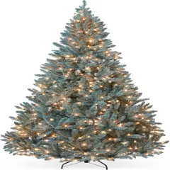 Pre-Lit Blue Spruce Christmas Tree Hinged Artificial Tree with 420 Lights & Foldable Metal Base