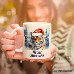 Tiger with Santa Hat Mug, Winter Forest Christmas Gift
