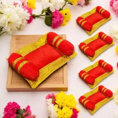 4x Mini Laddu Gopal Velvet Asan Takiya Pillow Set for Lord Ganesha, Krishna, Kanha Ji, Bal Gopal God Goddess Idol Soft Mattress Cushion/gadda Bed Cum Aasan Set (3x2.25 Inch) Red