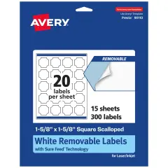 Avery Matte White Removable Square Scalloped Labels with Sure Feed Technology, Print-to-the-Edge, 1-5/8" x 1-5/8"