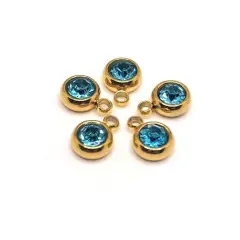 303 Stainless Steel, 18k Gold, Light Blue March Birthstone Rhinestone Charms, 8x6mm