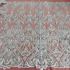 1 Yard Corded Bridal Lace Fabric, Embroidered on 100% Polyester Net Mesh, 52" Width,Elegant Fabrication for Gowns & D&eacute;cor Silver
