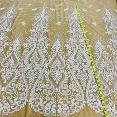 1 Yard Beaded Lace Fabric Embroidered on 100% Polyester Net Mesh - 54" Wide, Elegant Bridal & Dressmaking Fabric White