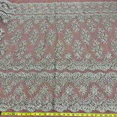 1 Yard White Beaded & Corded Bridal Lace Fabric, 51" Wide Embroidered Polyester Mesh Silver