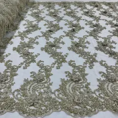 1 Yard Beaded 3D Floral Lace Fabric on 100% Polyester Net Mesh, Dusty Rose, 52" Wide, Elegant Embroidered Lace Fabric Lt. Gold