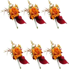Burnt Orange Boutonniere for Men Set of 6 for Groom Best Man Groomsmen Artificial