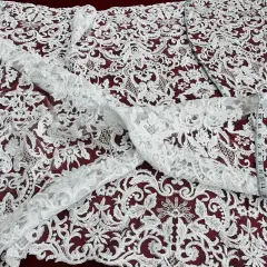 1 Yard Beaded Corded Bridal Lace Fabric on 100% Polyester Net Mesh, 53" Wide, Elegant Embroidered Design White