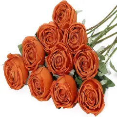 10 Pcs Artificial Silk Rose Flowers with Long Stems(Burnt Orange)
