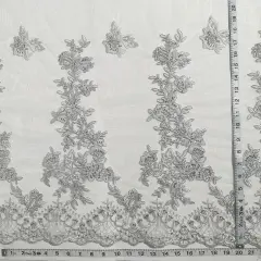 1 Yard Elegant Beaded and Corded Bridal Lace Fabric Embroidered on 100% Polyester Net Mesh 52 inch Width Silver