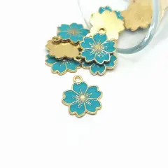 Aqua Blue and Gold Cherry Blossom Flower Charms, 20.5x17.5mm