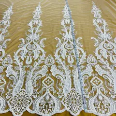 1 Yard Gold Beaded Lace Fabric Embroidered on Polyester Mesh, 50" Wide Decorative Fabrication White