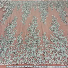 1 Yard Ivory Beaded & Corded Bridal Fabric Lace Embroidered on 100% Polyester Net Mesh, 51" Width, Elegant Wedding Fabric Silver