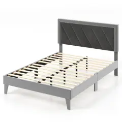 Full/Queen Platform Bed with High Headboard, Wooden Slats, Sturdy Frame, Modern Design