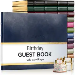 Gallery Leather Birthday Guest Book for Party Celebrations - Hardcover, Bound Leather Sign in Guest Book with 192 Lined Pages for Messages & Photos - 7" x 9" Acadia Navy
