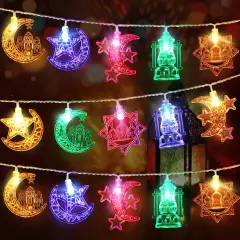 1 Pack 16 ft Moon Star Ramadan String Lights 30 LEDs, Battery Operated Eid Mubarak Fairy Lights for Ramadan Decoration, Eid Decorative Lights with Remote Control (Colorful)