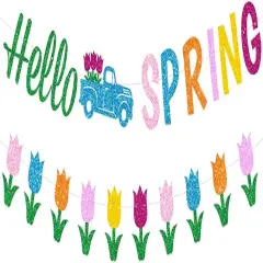 Glitter Hello Spring Banner with Tulip Truck Signs and Colorful Glittery Tulips Banner Hello Spring Tulips Flowers Garland Banner Spring Easter Birthday Party Fireplace Mantle Decorations