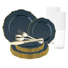 Navy with Gold Rim Round Blossom Disposable Plastic Wedding Value Set (20 Settings)