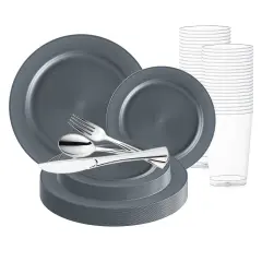 Matte Charcoal Gray Round Disposable Plastic Wedding Value Set (20 Settings)