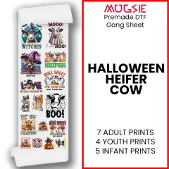 Halloween Heifer Cow Transfer 22x60 Direct-to-Film Gang Sheets Iron On Transfers - 7 Adult Prints 4 Youth Prints And 5 Pocket Prints