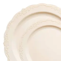 Ivory Vintage Round Disposable Plastic Dinnerware Value Set (120 Guests)