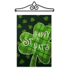 G128 Combo Pack Garden Flag Hanger 14IN & Garden Flag Happy St. Patrick's Day Plaid Shamrock Printed 12x18IN Double Sided