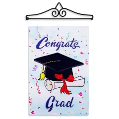 G128 Combo Pack Garden Flag Hanger 14IN & Garden Flag Happy Graduation Congrats Cap Printed 12x18IN Double Sided