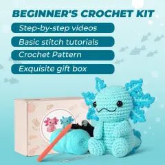 Crochet Kit for Beginners, Crochet Animal Kits, Amigurumi Crocheting Kit for Starters with Step-by-Step Video Tutorials, Beginner Crochet Kit for Adults (1Pack Blue Axolotl)