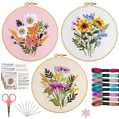 3 PCS Embroidery Kit for Beginners - Cross Stitch DIY Craft Set, Flower Embroidery Accessories & Hoop Included, Hand Embroidery Kit for Adults Stitching Sewing Kit Gift | FlowerB Patterns